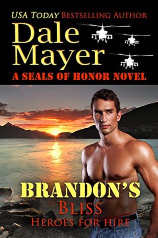 Brandon's Bliss by Dave Mayer. A concerned looking, shirtless man is standing in front of a lake while the sun is setting. There are about four or five different fonts in yellow and red.