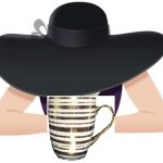 First cup of Coffee with Jeffe Kennedy - a large black hat with a large brim above a cup of coffee in a gold striped mug
