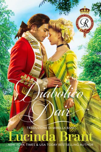Dair Devil by Lucinda Brant. A Georgian historical romance novel. A clinch cover, but everything is so bright and fresh. The couple is surrounded by greenery. He is wearing a bright red coat and she has on this bright yellow, golden dress with light green stripes.