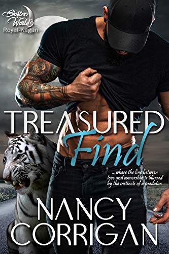Treasured Find by Nancy Corrigan. A man is pulling up the hem of his shirt to look at his belly button while a white tiger stalks behind him.