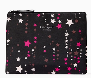 a black zip top pouch with pink and white stars on the side