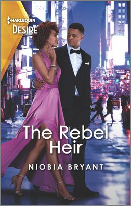 The Rebel Heir by Niobia Bryant - a tall black woman is walking in the city wearing a light purple gown with a halter top and a very silky fabric in astyle that is draped over her hips and with a slit up the side