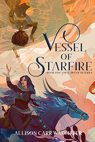 Vessel of Starfire by Allison Carr Waechter. A woman dressed in black on a dark blue horse is tossing a dagger into the air. Above her is a Black woman riding a winged white horse ready to catch it.
