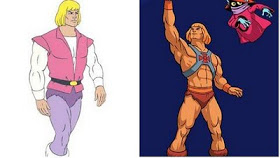 Prince Adam from HeMan, in pink vest and purple furry mankini and leggings