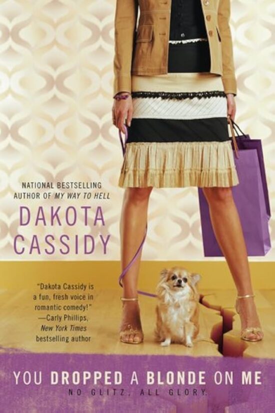 a woman in a striped skirt and beige jacket holding purple shopping bags. Between her legs is a small dog on a purple leash
