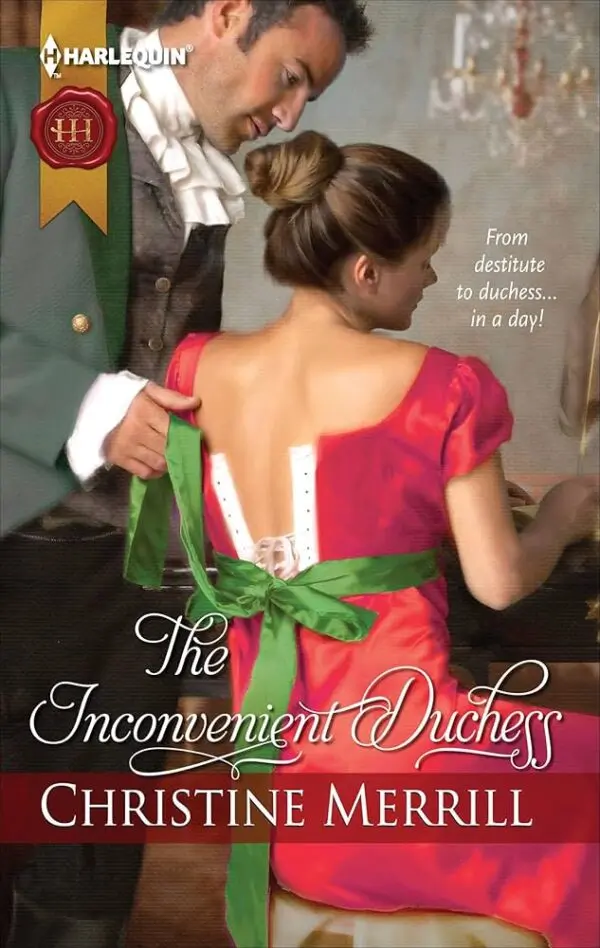 Book An inconvenient duchess: a woman in a bright pink dress with a green sash seated at a piano - with a man lifting the drape of her sash - both in period costume