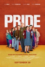 Pride Movie Poster - a group of people standing in a reverse V in front of a red brick wall