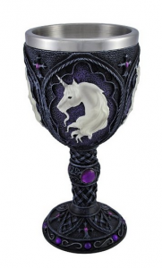 Goblet with purple gemstones and a big ass white unicorn head on the side