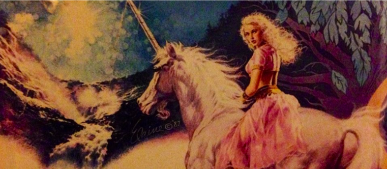 A woman on a unicorn OF COURSE with long curly silver hair OF COURSE riding into something that looks like a cross between a bead curtain and a volcano