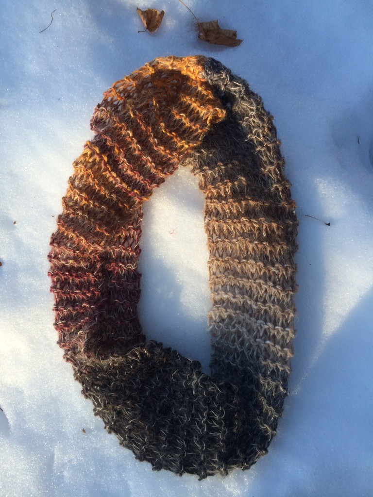 Elyse's lacy cowl on the snow