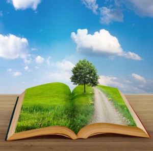 Book with a field and a road on the pages against a blue cloudy sky