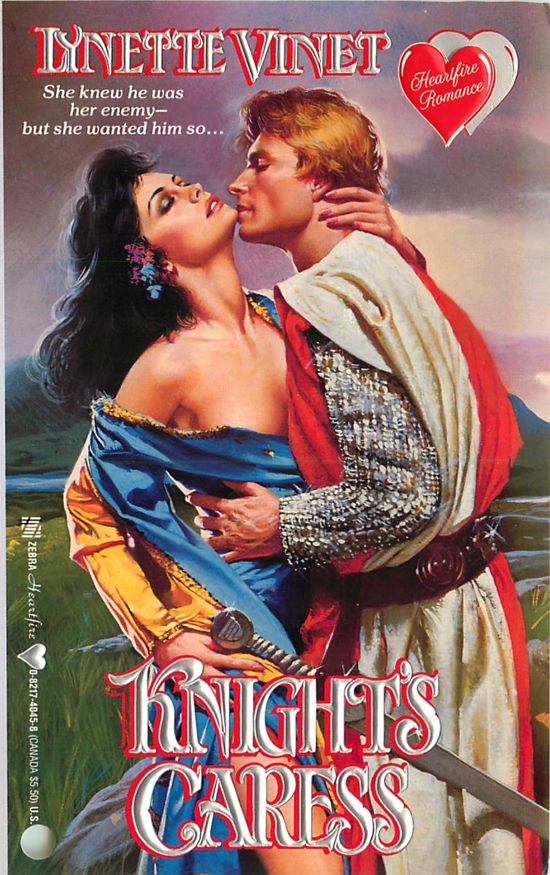 Knights Caress - a knight in chain mail that looks like it was made out of shiny aluminum foil grasping a woman whose dress he is pulling off - we are about to see nipple. Imminent nipple 