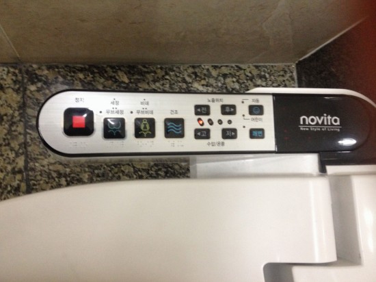 Control panel on a super high tech Korean toilet. There's braille on it, plus a bunch of buttons with washing, more washing, air drying maybe and then adjustments so oddly marked that I couldn't possibly tell you what they do.
