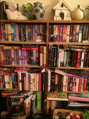 Close up of Romance-Stuffed bookshelves. There's a fair amount of pink