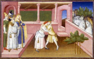 A medieval miniature showing Khutulun wrestling, from c. 1410  Khutulun is wresting in a courtyard, watched by European royalty and horses.