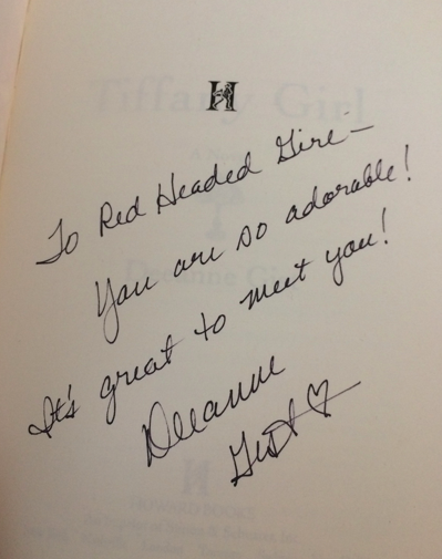 Book title page inscribed Red Headed Girl you are so adorabale it is great to meet you from Deanne Gist