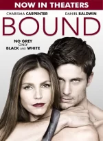 Bound with a man wrapping his arm around a woman's shoulders from behind - he's holding a grey tie and it says no grey just black and white - both actors are white of course