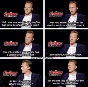 Paul Bettany tells about taking 3 year old daughter to the set - she had a tantrum because she "wanted purple Daddy back."