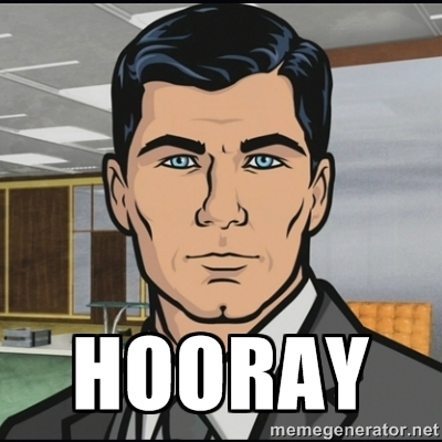 Bland faced animated dude looking at reader with caption HOORAY