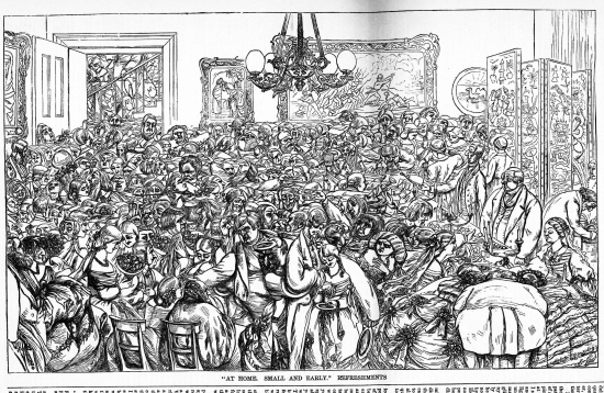 A comic illustration of "at Home, small" - a ballroom filled with people pressed cheek to cheek in a giant pile, crowded together and eating and talking.