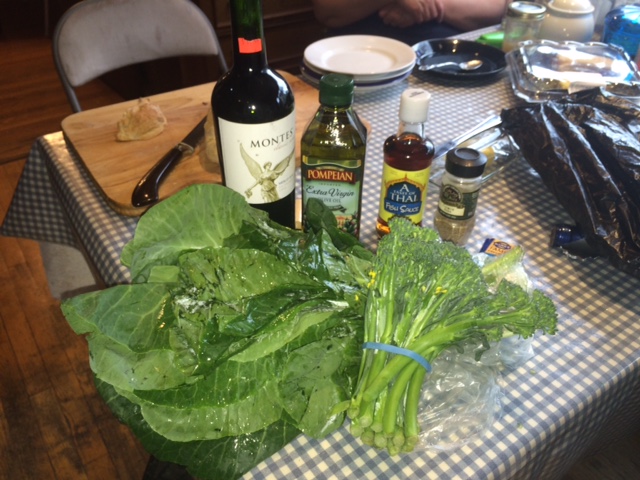 Kale, broccolini, red wine, olive oil, cumin.