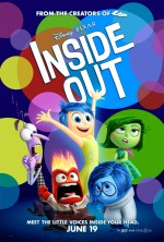 Inside Out poster Fear who is purple and thin, Joy who is gold and exuberant disgust who is green and very fashionable sadness who is round and short and blue and anger who is red and exploding fire out of his head posed under the title of the filme