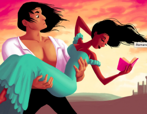 NPRs Summer of Love image - a cartoon guy looking nonplussed that the woman in his arms is paying closr attention to her book than to him. Of note: both are not visibly caucasian - woo!