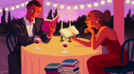 Illustration of two people on a romantic date, both reading books. The man is reading a pink novel and the woman, who has beautiful braids and a long dress, is reading with a GIANT stack of books beside her