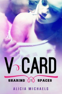 The V- Card, a purple tinged closeup of a guy kissing the back of a girl's neck 