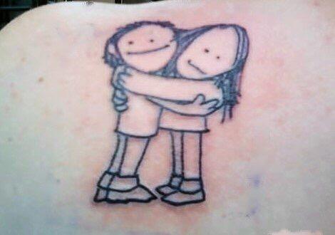 Two line drawn figures hugging from Shel Silverstein's Hug o War poem 