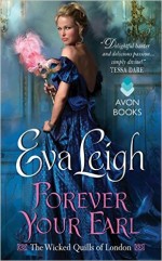 Forever Your Earl - a woman in a deep blue dress holding a mask on a stick looking over her shoulder at the reader