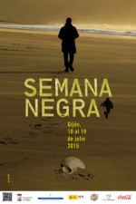 2015 Semana Negra - two silhouettes in black walking away from a skull covered in typeface