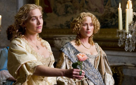 Sabine -Winslet- sticks up for Madame de Montespan, the king's mistress, played by a glowing Jennifer Ehle. The two of them are pretty much like porcelain embedded with glowsicks in this shot