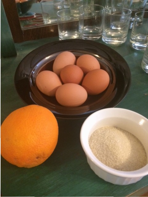 Eggs, orange, sugar