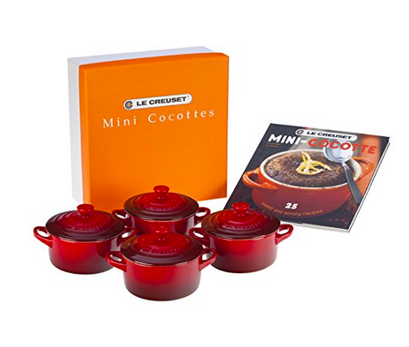 Four mini dutch ovens with lids and little handles, each able to hold about 8oz the glaze is deep red, and comes with a cookbook