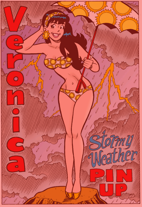 Veronica in a Stormy Weather pinup wearing a yellow bikini and