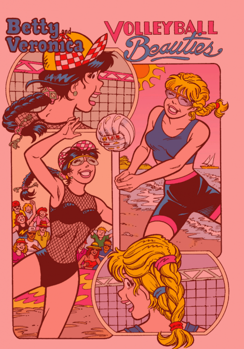 Betty and Veronica modeling beach volleyball outfits and hairstyles, some of which involve a LOT of terry cloth hair bands - remember those?