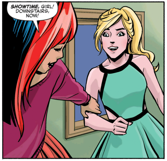 Bettys bff pulling her by the arm down the hall. Shes Asian and has a streak of bright red hair.