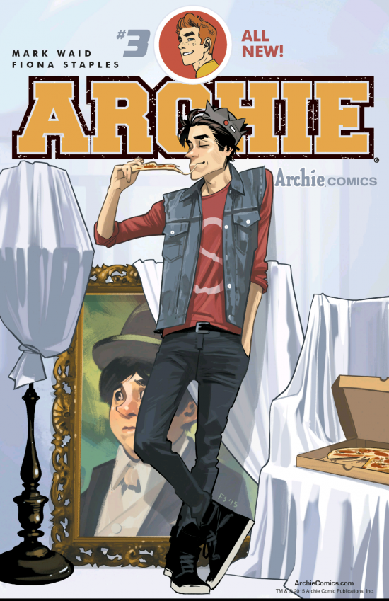 Jughead eating a piece of pizza nad leaning back against an oil portrait of himself as a kid with a lot of furniture around him wrapped in white sheets