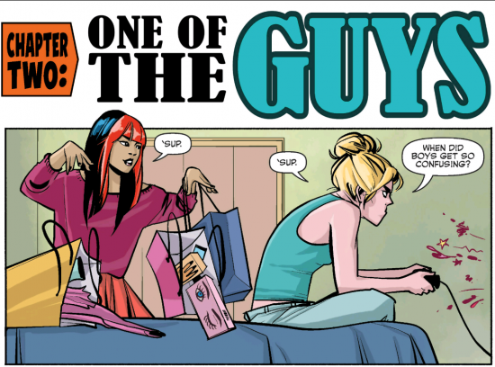 Sheila, Bettys bff, drops shopping bags on the bed while Betty plays video games with a furious expression on her face