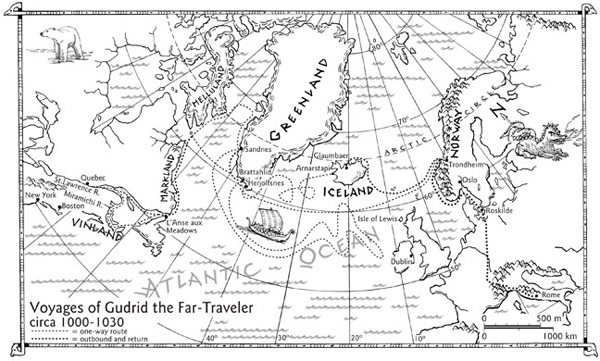 Map detailing Gudrid's voyages from 1000 to 1030. Iceland, greenland, Norway, Denmark, Vinland and back