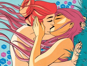 Teddy and ano kissing beneath all of Teddy's thought bubbles of what she is supposed to do floating away from them