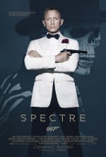 James Bond - Spectre - James Bond in white coat and holding a gun with a skeleton behind him