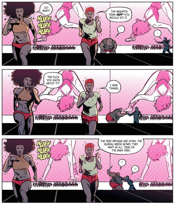 The treadmill is to the front, with women running on it side by side, and in the background, the guards attack Penny, then the prisoners help her out while the women in front keep running