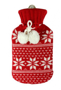 Hot water bottle wearing a red fair isle patterned sweater