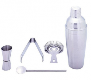 Bar set including shaker, jigger, tongs, mixing paddle and spoon