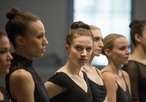 Claire in a line of very thin dancers, looking worrid