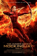 Mockngjay poster a flaming mockingjay with Katniss in front in a red fire suit shooting an arrow