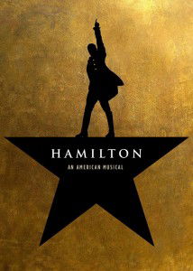 Hamilton poster - a gold foil background with a black star the top of the star made of a silhouette of Hamilton, one finger pointed to the sky 