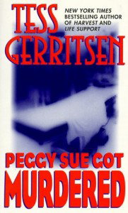 Peggy Sue got Murdered - an empty autopsy gurney with a sheet draped over it photographed in blue and white with the author and title in GIANT RED LETTERS. 